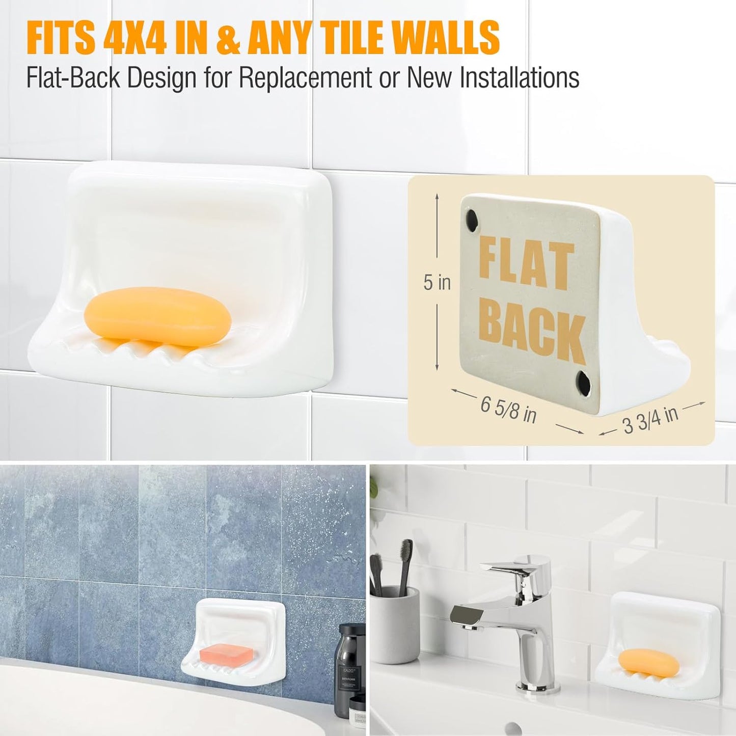 Shower Wall Soap Holder & Ceramic Soap Dish - Fits 4x4 Inch & Any Tile Walls, Heavy-Duty Flat-Back Design with Drainage Slope, No-Slip, Classic White