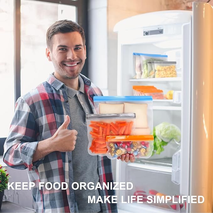 Lerine 28 Pack Dishwasher Safe Reusable Freezer Bags, Extra Thick Leakproof Reusable Food Storage Bags, BPA Free Kitchen Storage for Veggies Food Travel (Multicolor, 10 Gallon 10 Sandwich 8 Snack)