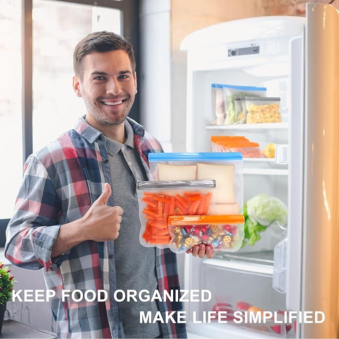 Lerine 10 Pack Dishwasher Safe Reusable Bags, Leakproof Reusable Freezer Bags, BPA Free Food Storage Bags for Lunch Marinate Food Travel(White) - 3 Gallon 4 Sandwich 3 Snack Bags