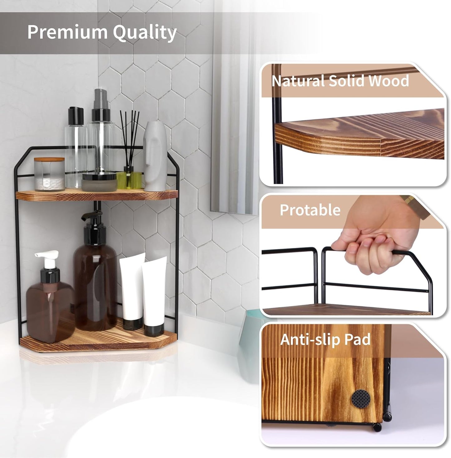 Corner Bathroom Counter Organizer - 2 Tier Wood Vanity Counter Shelf Perfume Skincare Holder, Countertop Corner Shelf Organizer for Bathroom, Kitchen, Brown