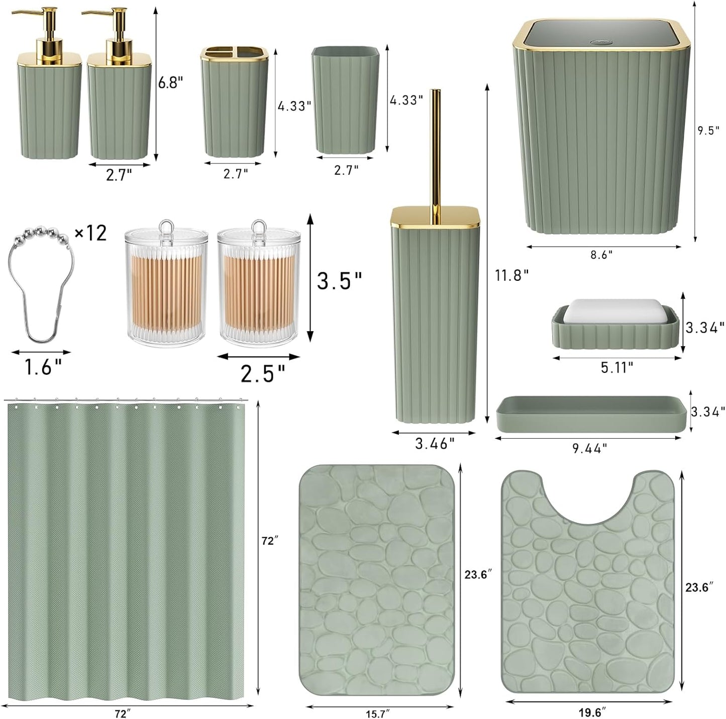 Bathroom Accessories Set - 25PC Sage Green Bathroom Set, Bathroom Set with Shower Curtain and Rugs, Sage Green Shower Curtain Set, Bathroom Accessory Set, Trash Can & Soap Dispenser