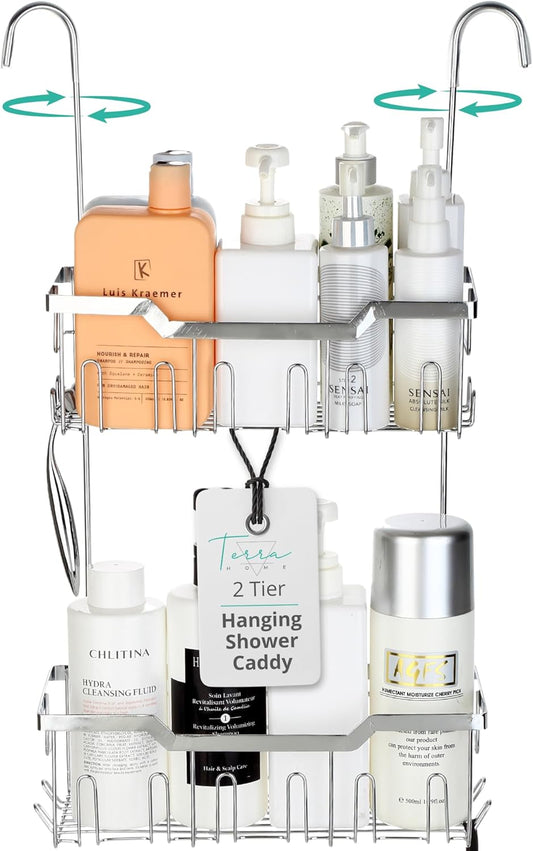 Hanging Shower Caddy Over Door - 304 Rust-proof Stainless Steel Shower Hanging Caddy with Rotatable Hooks and Adhesives for Bathroom Essentials, Equipped with Rotateable Hooks and extra Adhesives