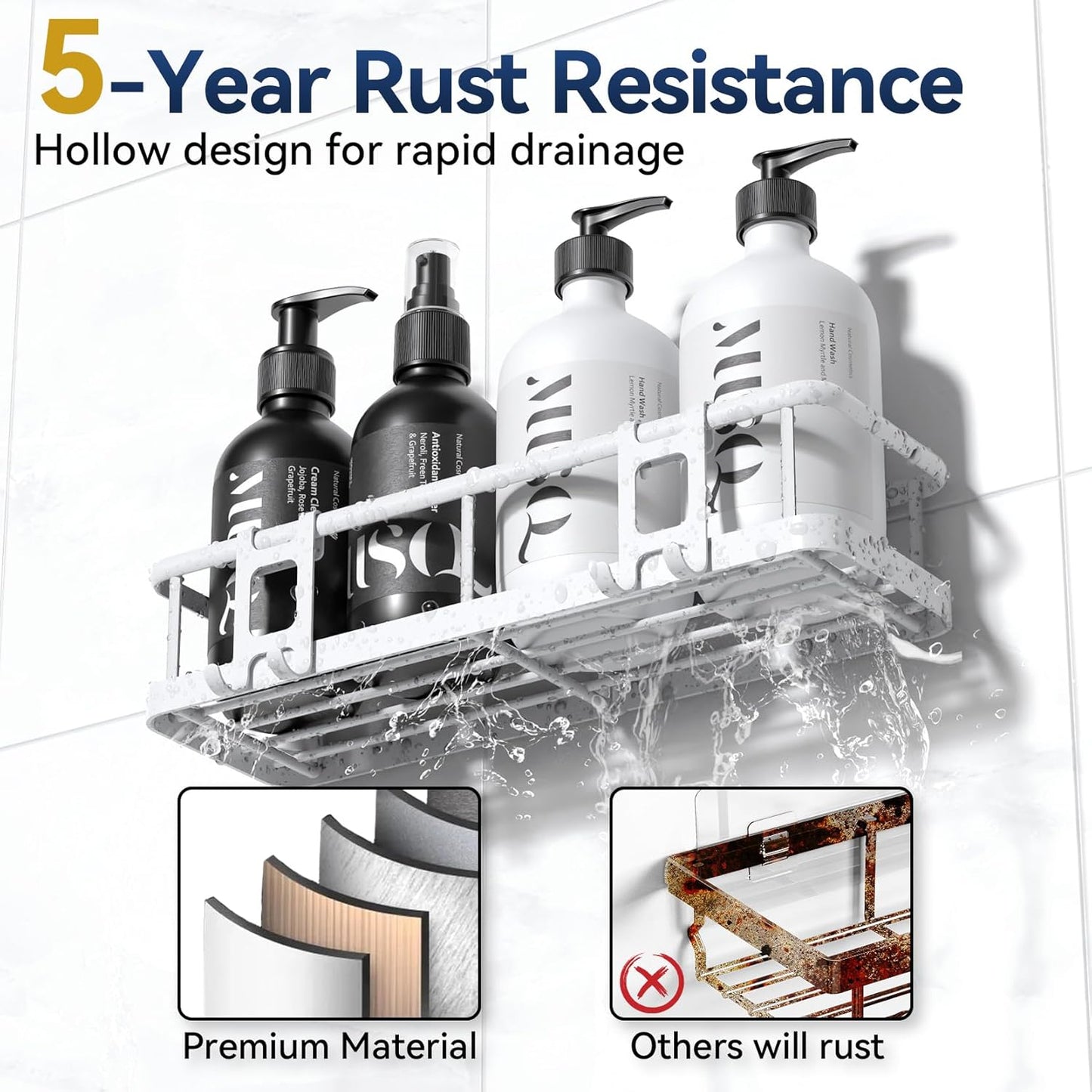 YASONIC Shower Caddy Adhesive, No Drill Bathroom Shower Organizers, with Removable Hooks, Rust Proof Shower Shelves, Wall-Mounted Shower Holder, White, 2 Pack