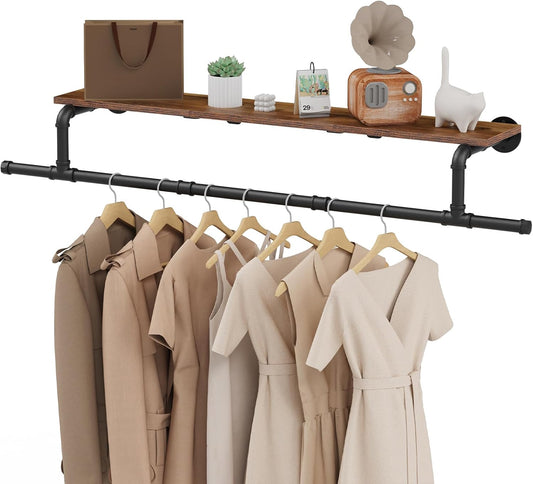 Wall Mounted Clothes Rack with Top Shelf, Space Saver Industrial Pipe Shelving, Heavy Duty Iron Closet Poles, Extension at Both Ends, 51.2×10.2×5.9 Inch, Black