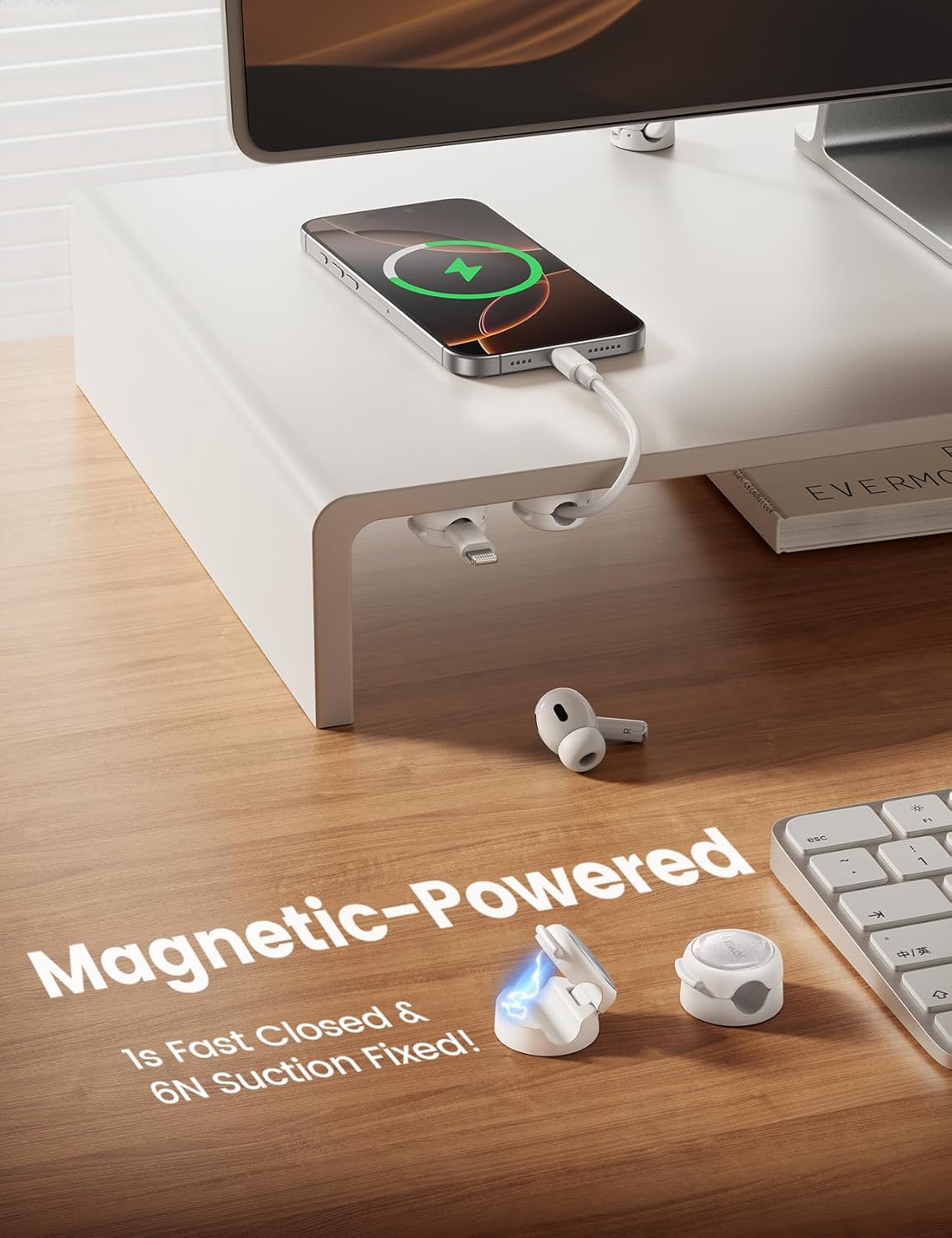 12Pack Magnetic Cable Clips Cord Organizer - Lamicall [Crystal-Clear & Silver Shine] Cable Management Holder for Phone Charging Cord, Strong Adhesive for Nightstand, Home Office Desk Decor Accessories