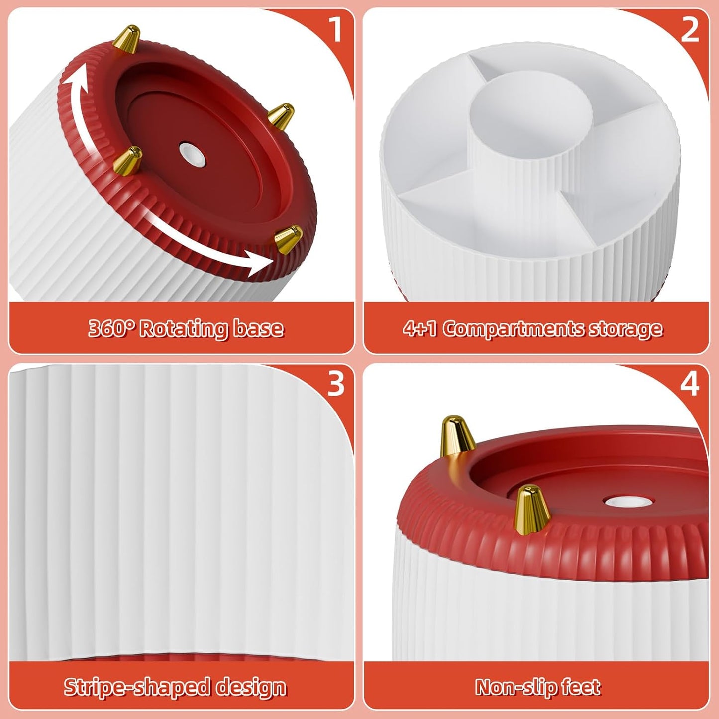 Marbrasse Desk Organizer, 360-Degree Rotating Pen Holder, Desk Organizers and Accessories with 5 Compartments Pencil Holder, Art Supply Storage Box Caddy for Office, Home (White+Red)