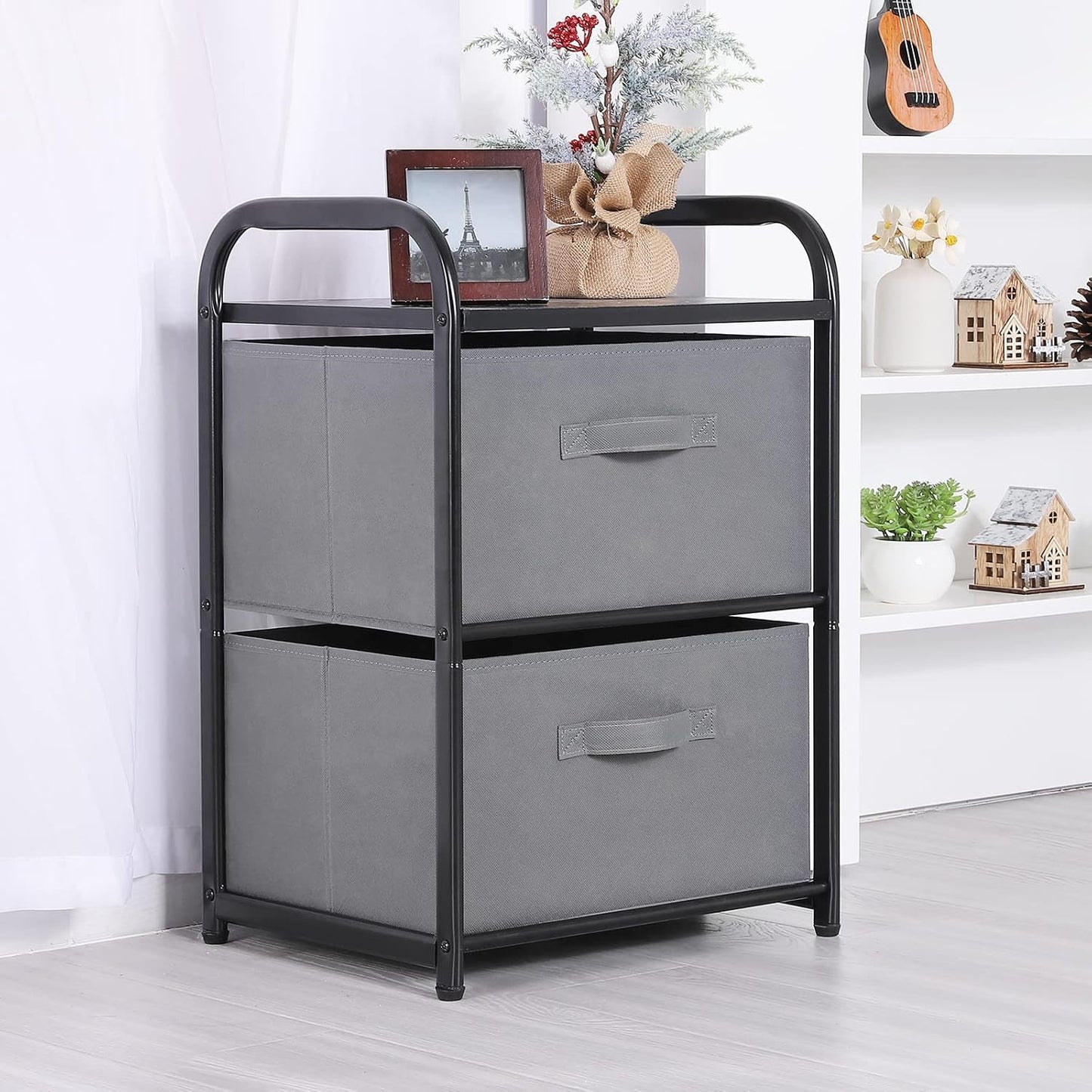 Dresser for Bedroom with 2 Drawers, Wide Chest of Drawers, Fabric Dresser, Storage Organizer Unit with Fabric Bins for Closet, Living Room, Hallway, Nursery, Dark Grey