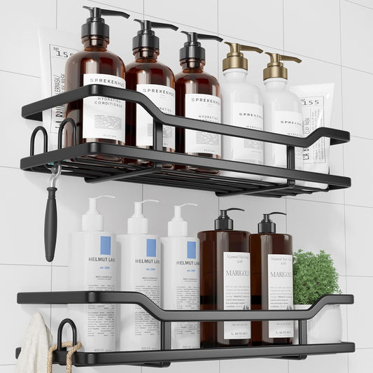 Kitsure Shower Caddy - 2 Pack, No Drilling Shower Organizer with 8 Hooks, Rustproof Stainless Steel Shower Shelf for Inside Shower, Wall Mounted Shower Rack for Bathroom, Kitchen, Black