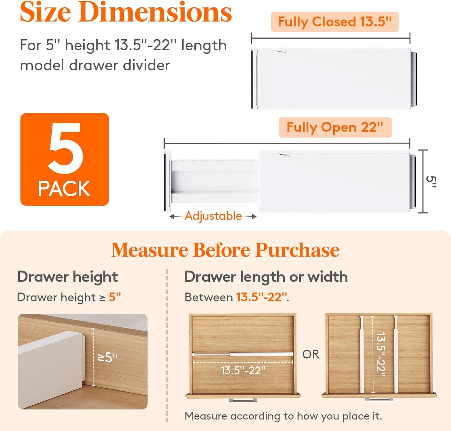Lifewit 5 Pack 5" High Drawer Divider, 13.5-22" Expandable Deep Drawer Dividers for Clothes, Adjustable Dresser Drawer Organizers, Clothing Drawer Separators for Dresser, Kitchen, Bedroom, White