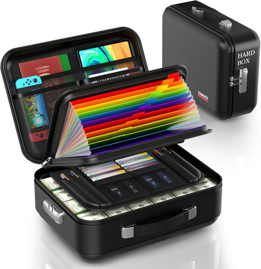 Fireproof Document Box with Combination Lock, Fireproof Water Resistant Hard Case Safe Box for Important Documents Certificates Laptop Passports (Black)