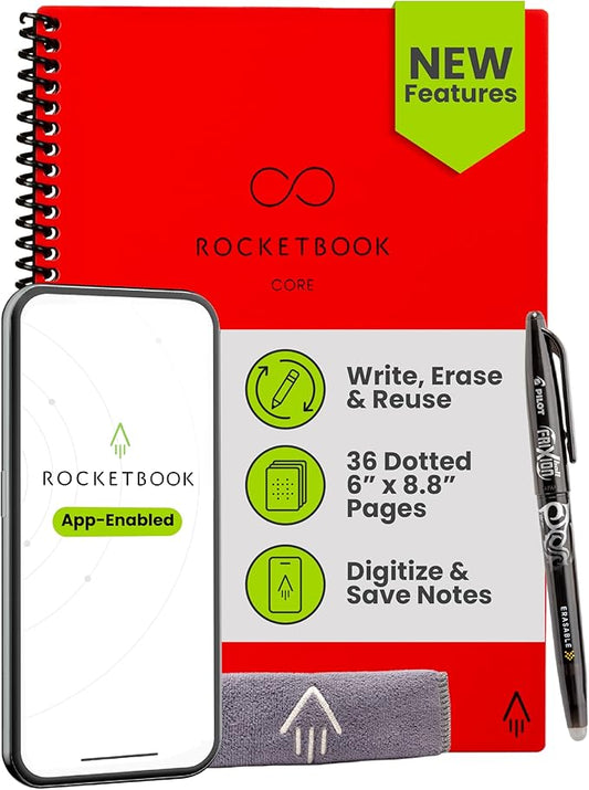 Rocketbook New Core Reusable Spiral Notebook, Executive Size 6x8.8, Red - Dotted Pages, App-Connected, Erasable, Durable Cover, Ideal for School, Work, and Creative Projects
