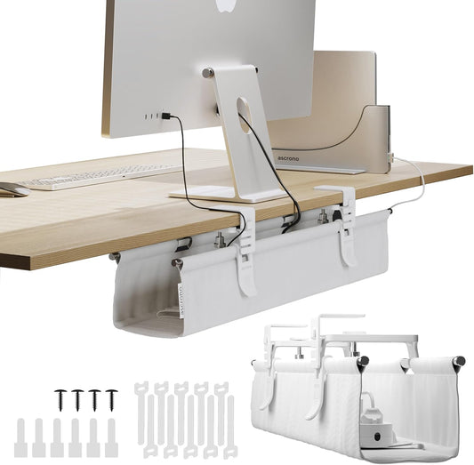 Ascrono Original No Drill Under Desk Cable Management Tray 27.3" - Premium White Fabric Cable Management Under Desk - Clamp/Screw Mount Cord Organizer - Supports Upto 66lbs