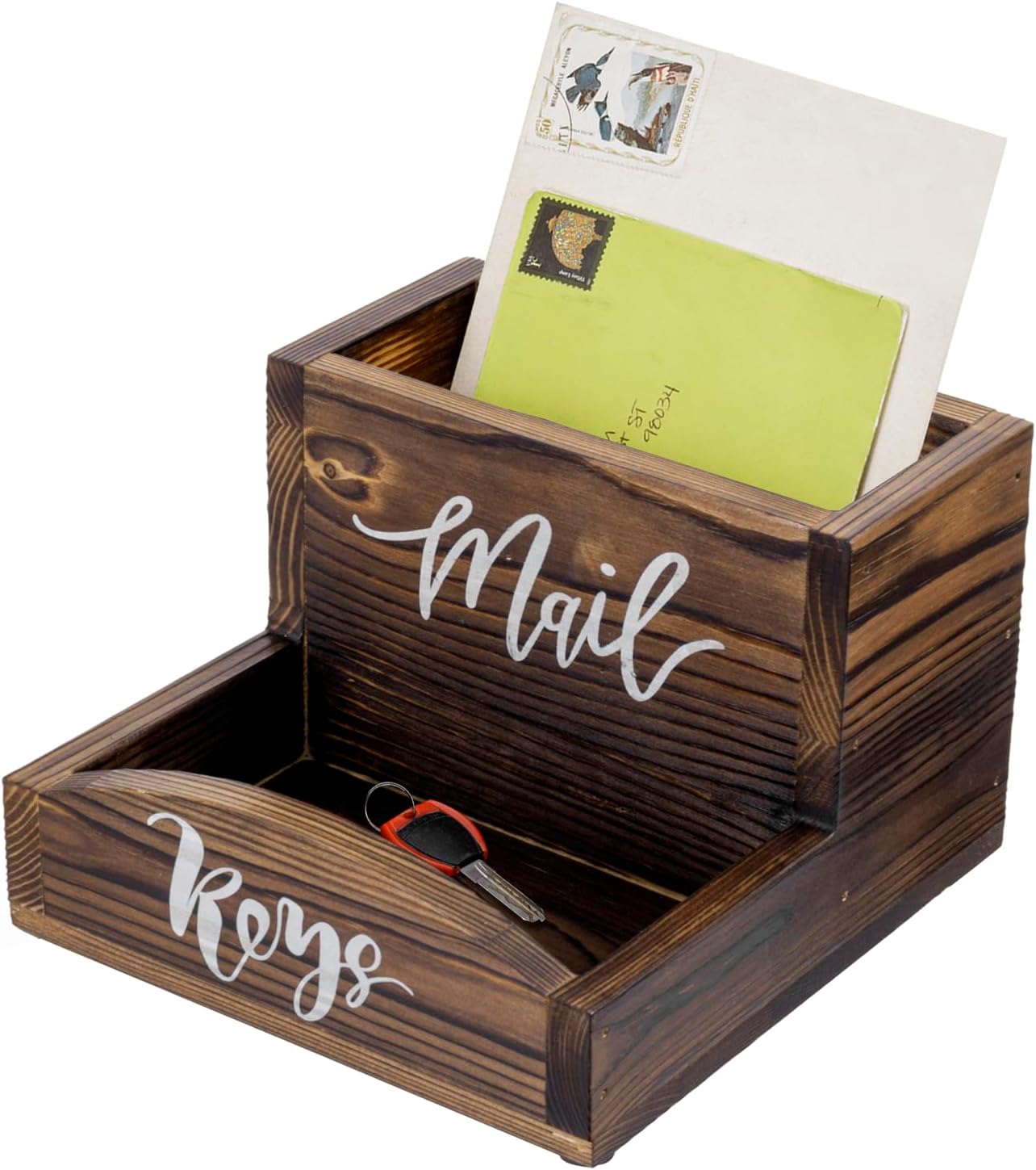 MyGift Rustic Burnt Solid Wood Mail Holder and Key Organizer, Entryway Storage Tray or Office Desktop Organizing Bin with White Cursive Lettering Labels