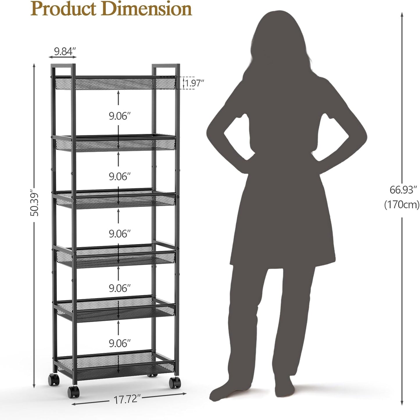 6 Tier Slim Rolling Storage Cart, Narrow Mobile Shelving Unit Organizer Utility Cart with Wheels, Metal Wire Storage Rack with Baskets for Kitchen, Bathroom, Laundry & Living Room, 10in(W)