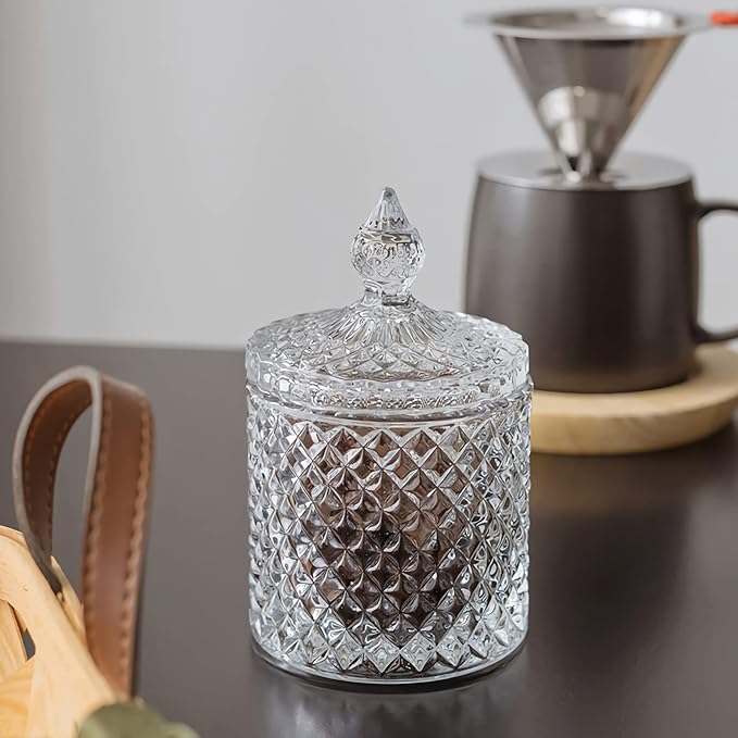 2 Pack Qtip Holder Thick Glass Apothecary Jars with Lid for Bathroom Decor Storage Organizer for Cotton Swabs, Balls, Pads, Floss Picks, Candy, Jewelry, Clear