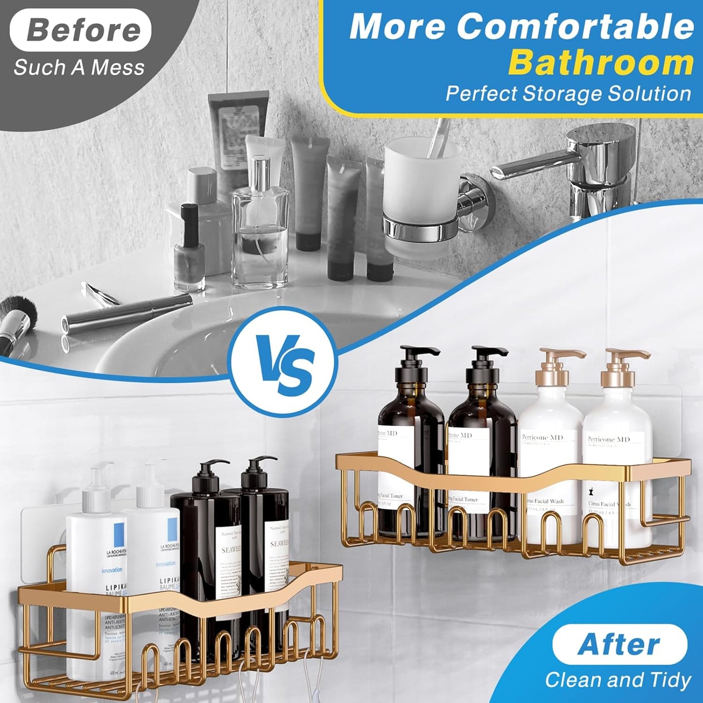 EUDELE Shower Caddy 2 Pack, Adhesive Organizer for Bathroom Storage, Home Decor & Kitchen, No Drilling, Rustproof Stainless Steel Shelf, Bathroom Decor Sets