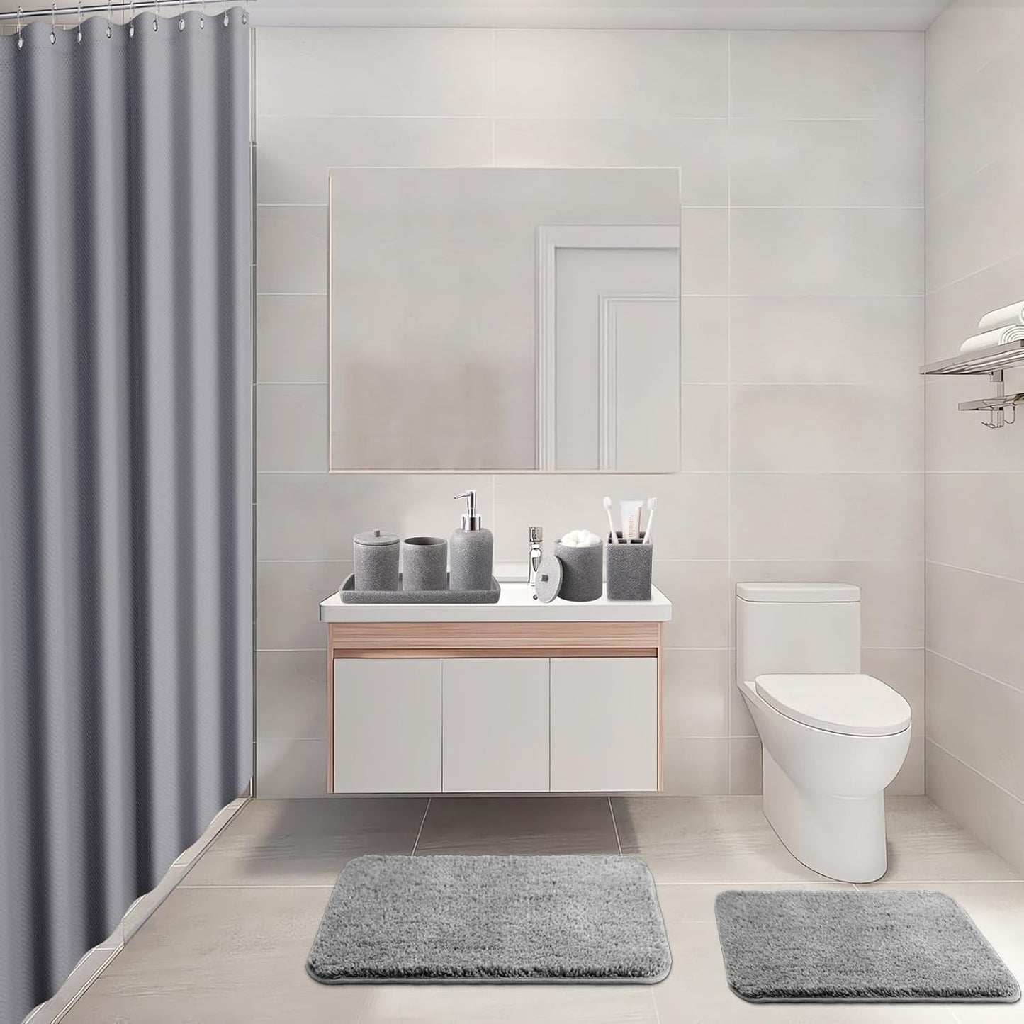 21 Pcs Bathroom Accessory Set with Waterproof Shower Curtain and Non Slip Mat,Resin Bath Set with Toothbrush Holder and Lotion Soap Dispenser,Bathroom Countertop Organizer Set for Home Apartment