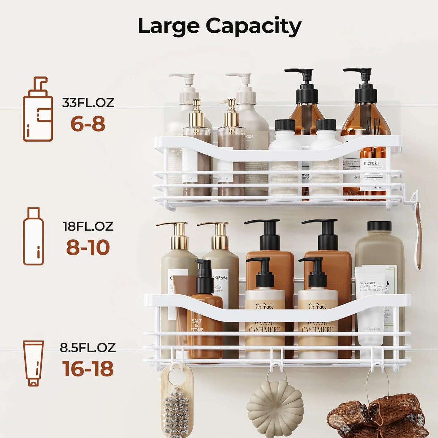 Orimade Shower Caddy Basket Shelf Storage Rack, No Drilling Wall Mounted Adhesive Rust Proof Stainless Steel Shower Organizer with 5 Hooks for Bathroom, White 2 Pack