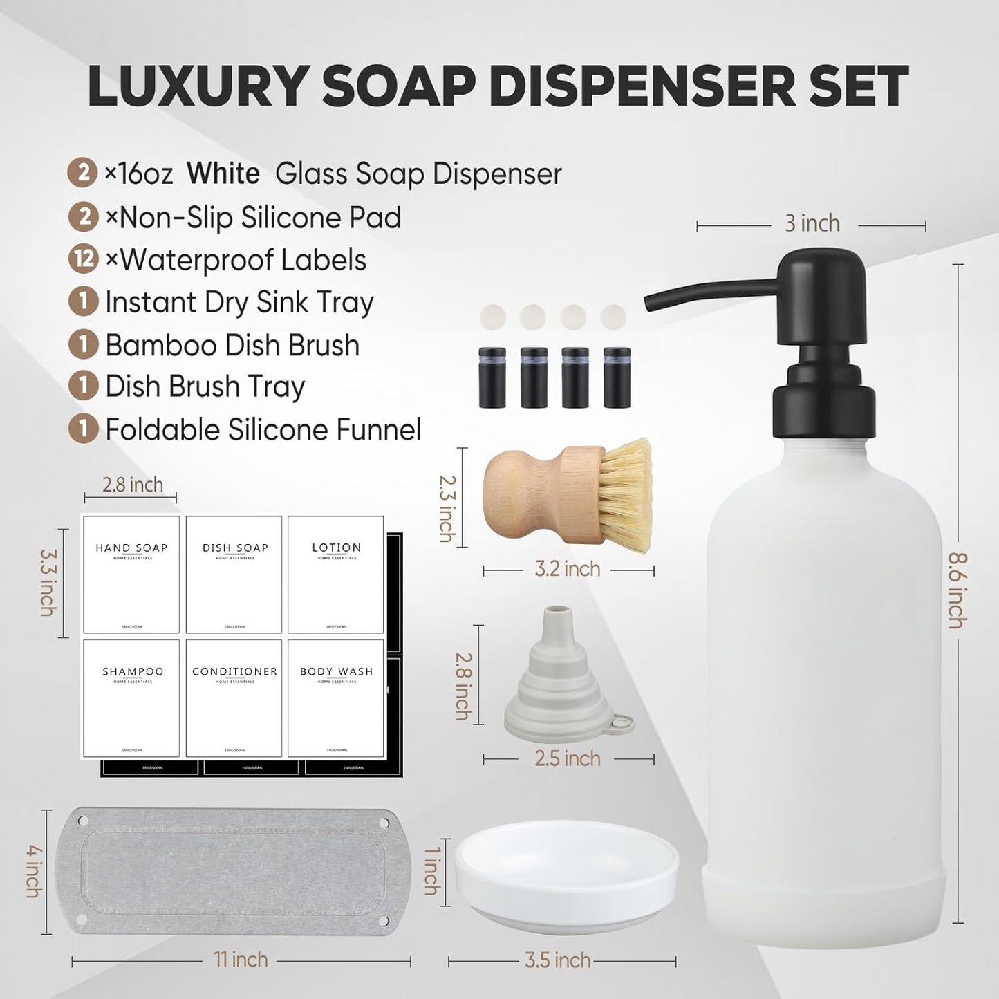Kitchen Soap Dispenser Set with Instant Dry Tray,16 Oz Hand and Dish Soap White Glass Dispenser Set,Stainless Steel Pump,Waterproof Labels,Dish Brush,Luxury Soap Bottle for Kitchen,Bathroom