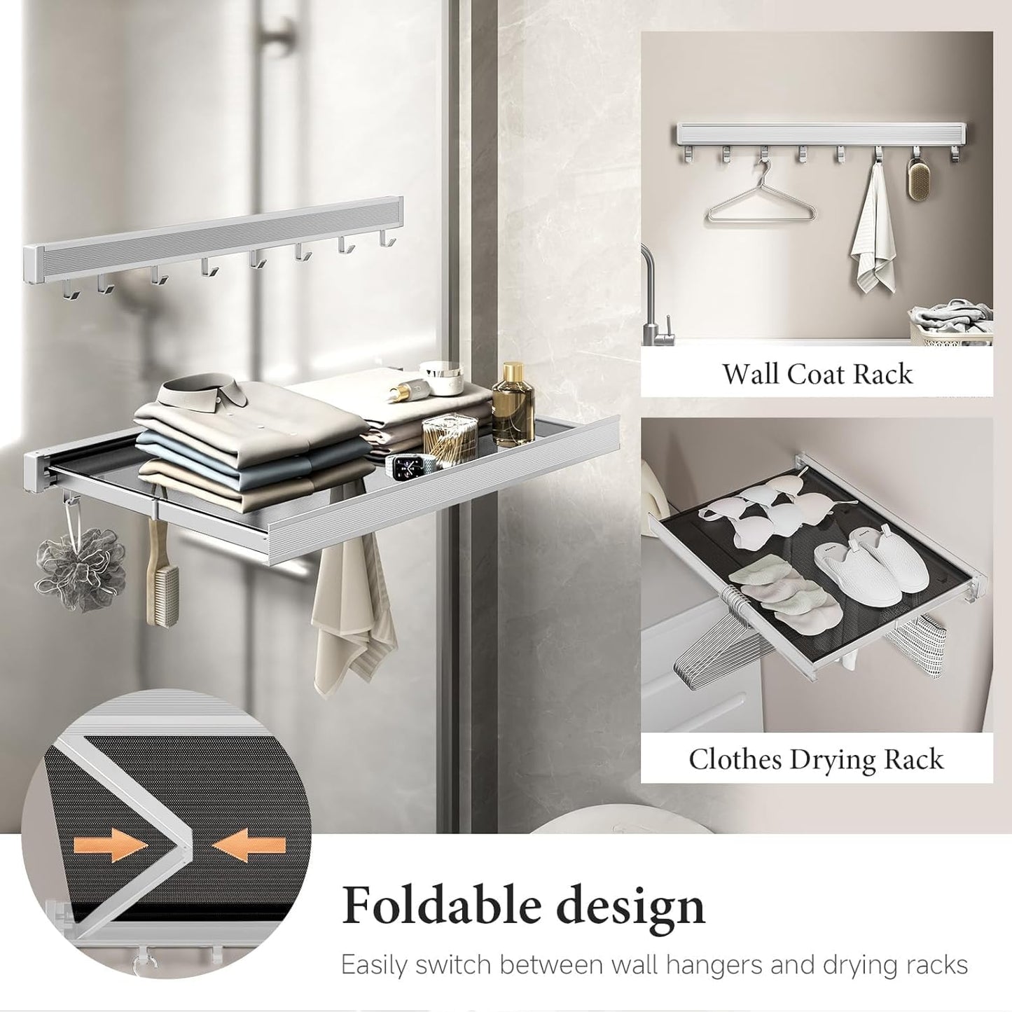 LETINE Wall Mounted Drying Rack: Retractable Indoor Clothes Drying Rack – Aluminum Alloy Frame w/Soft Mesh Surface. Laundry Rack & Temp Shelf for Balcony, Bathroom, Kitchen. Includes 6 Hooks.