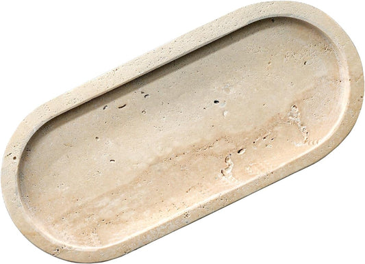 Bathroom Vanity Tray, Natural Marble Oval Sink Tray 10 Inch, Beige Travertine Vanity Tray for Soap Dispenser Modern Countertop Organizer for Kitchen Countertops, Home Decor