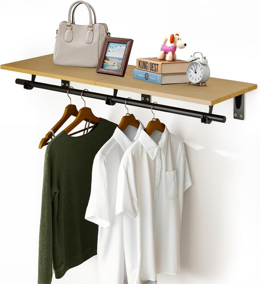 FIRJOY Wall Mounted Clothes Rack, with Top Shelf and Hanging Rod, Heavy Duty (11.8" x 31.5", Black)
