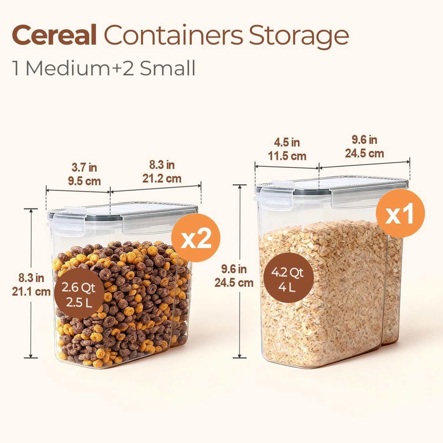 ComSaf 3 PCS Cereal Storage Containers Set, Airtight Food Containers with lid for Rice Pet food, Medium & Small Cereal Dispenser for Kitchen Pantry Organization (4L + 2.5L×2)