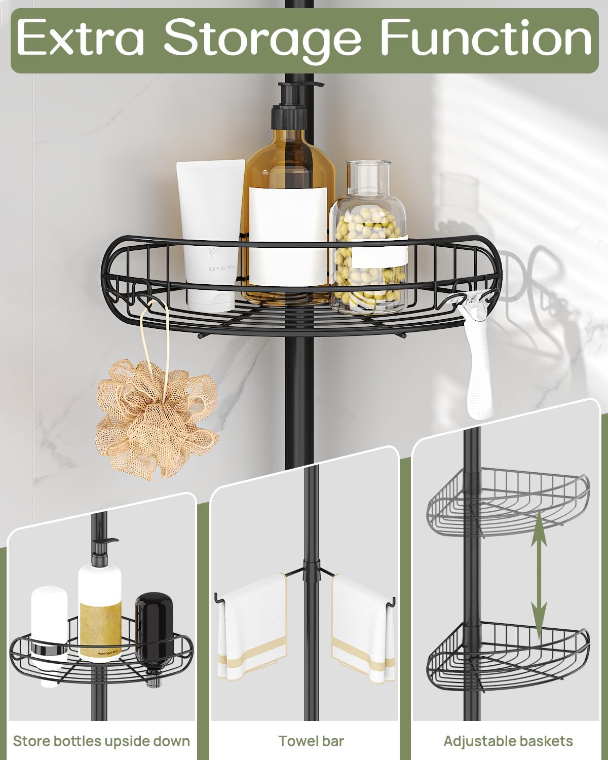 ALLZONE Corner Shower Caddy Tension Pole, 4-Tier Adjustable Shelves, Rustproof Bathroom Shower Organizer Corner for Inside Shower Storage, Tension Mounted, 39 to 115 Inch Height, Black