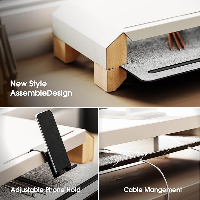 Fenge Monitor Stand for Desk, 39 Inch Dual Monitor Riser for 2 Monitors, Solid Wood Desk Shelf with Cable Management, 2 Tier Computer Stand with Phone Stand for PC, Laptop, Printer, TV