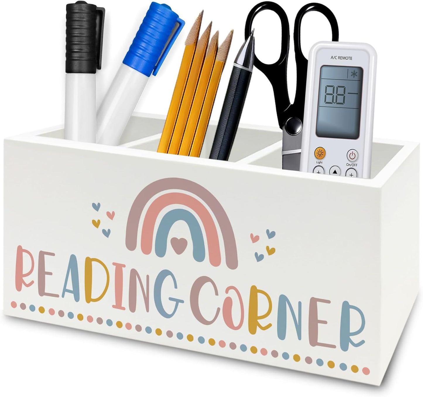 Boho Reading Corner Pen Pencil Holder Organizer for Desk, Boho Rainbow Bookish Wooden Box Signs Decorations for Reading Nook Corner Room Desk Tabletop, Book Lover Reader Gifts