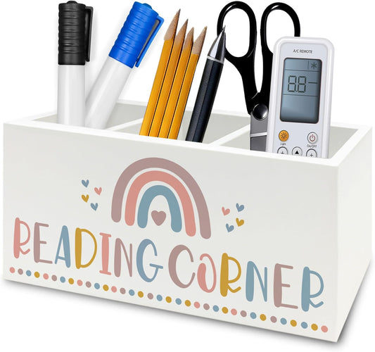 Boho Reading Corner Pen Pencil Holder Organizer for Desk, Boho Rainbow Bookish Wooden Box Signs Decorations for Reading Nook Corner Room Desk Tabletop, Book Lover Reader Gifts