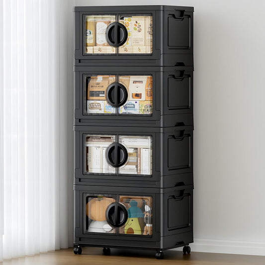 JEKO&JEKO 332Qt Lockable Stackable Storage Bins with Lids, Collapsible Closet Organizer with Wheels, Plastic Cabinet Drawer for Clothes, Dorm Room 4 Pack (Black)