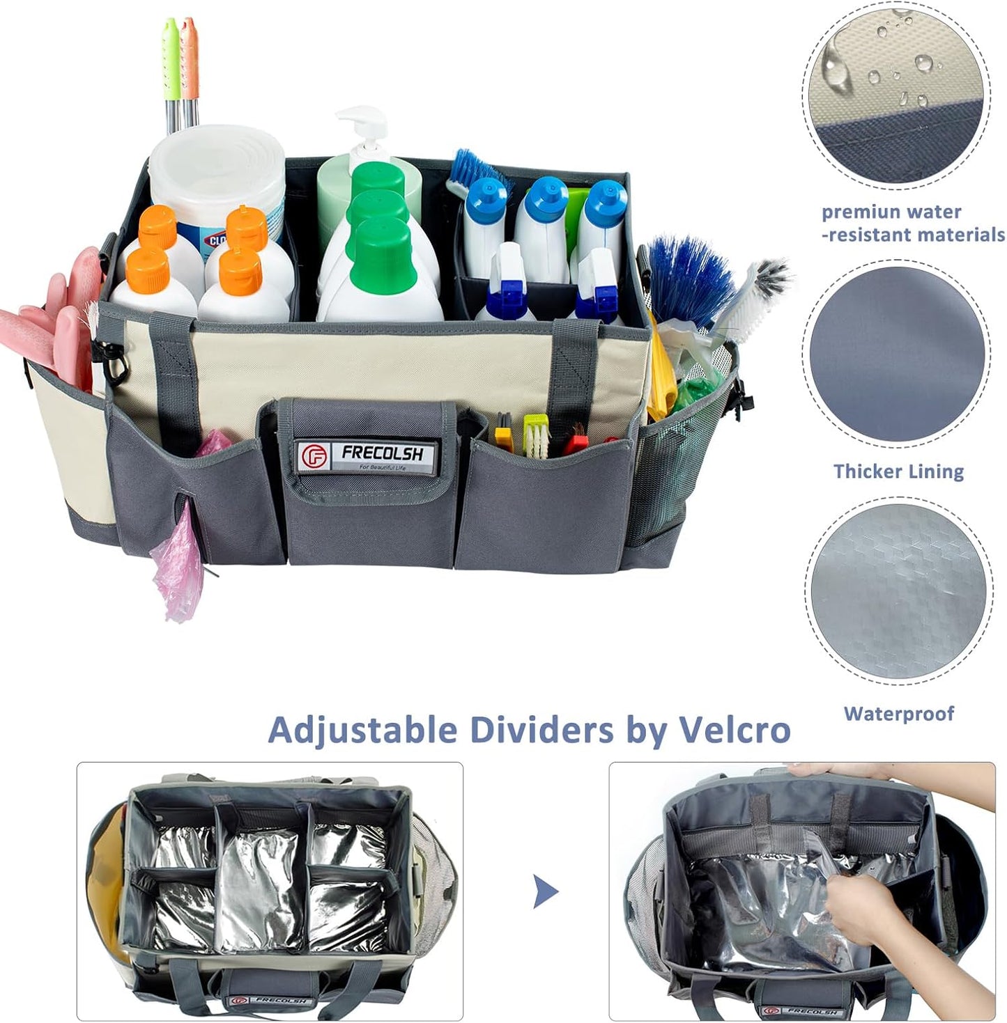 Large Cleaning Caddy for Suppliers Organizer,15'' Professional Organizer with Handle,Wearable Cleaing Bag,Cleaning Storage Caddy,Cleaning Housekeeping,Ivory-Grey