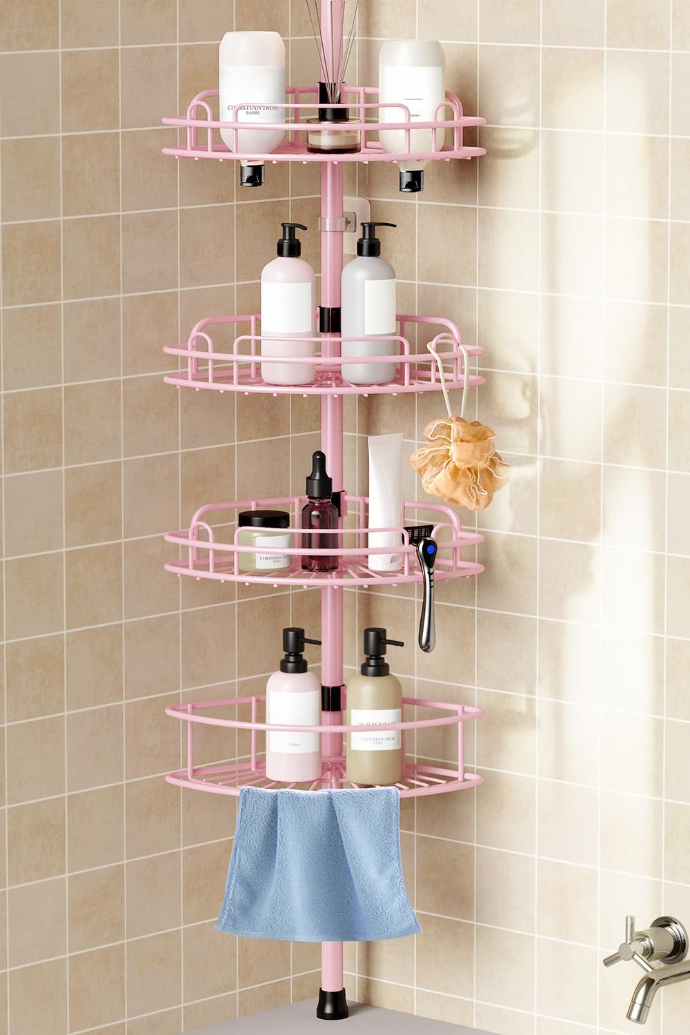HAMITOR Corner Shower Caddy Tension Pole: 4-Tier Rust-Resistant Adjustable Bathroom Organizer Shelves - 47-121 Inch No-Drill Quick Installation - Space-Saving Storage for Renters Family - Pink