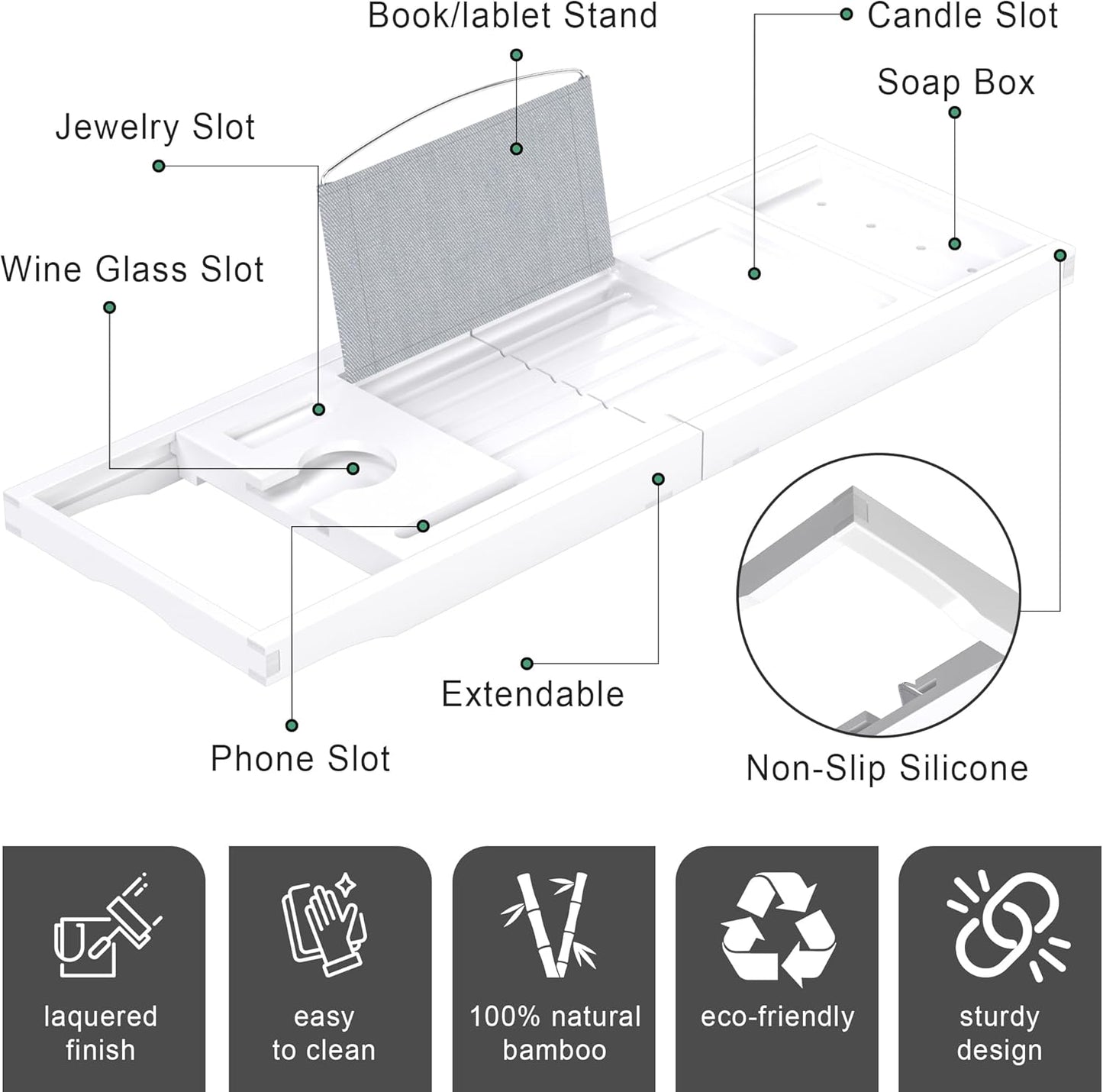 Foldable Bathtub Caddy Tray for Tub,Bamboo Expandable Bath Table Trays,Premium Bathroom Accessories for New Home & Mothers Day & Birthday Gifts for Couples,White