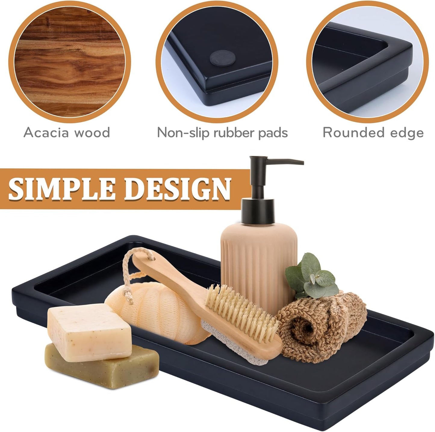 Acacia Wood Decorative Vanity Tray - 11.8 x 5.9 inches Suitable for Countertop Bathroom Sink Dresser Toilet Tank - Modern Decor Tray for Keys Wallets Towels Perfumes Plant Pots (Black)