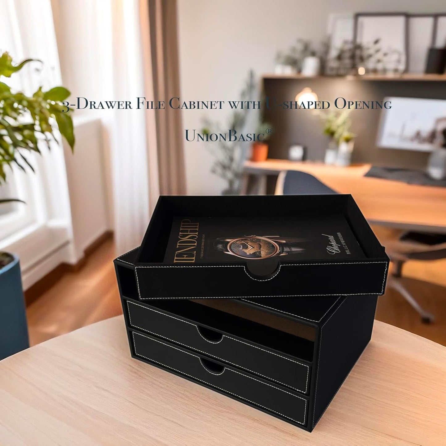 UnionBasic Document Organizer, 3-Drawer File Cabinet Document Storage Box, Office Desktop Filing Organizer, Black with White Stitching