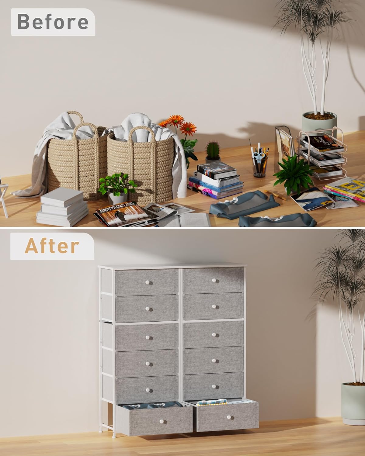 Tall Fabric Dresser for Bedroom, Vertical Storage Organizer Tower with 6 Drawers, Chest of Drawers with Bins, Steel Frame, Wood Top for Bedroom, Closet, Entryway Light Grey