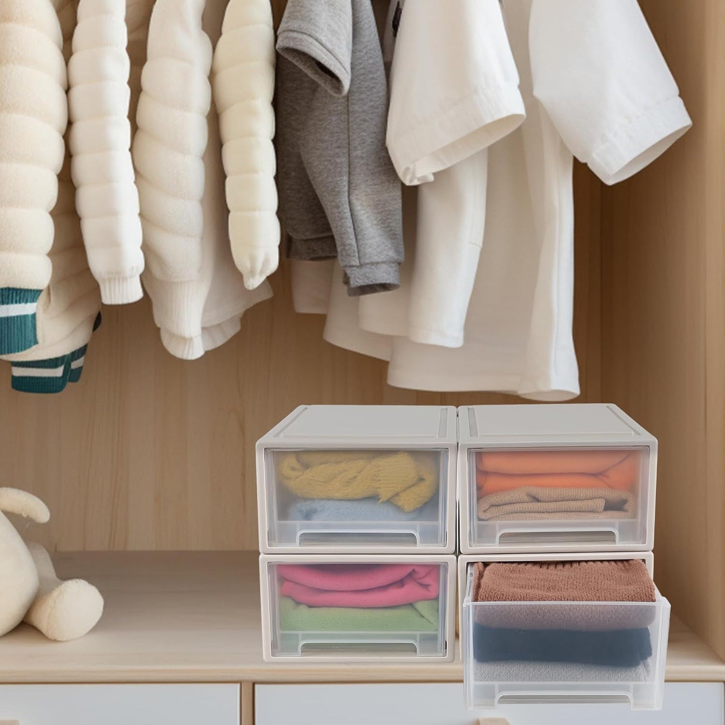 12 Quart Stacking Desktop Drawer Boxes, Plastic Storage Drawer Unit, 4 Pack