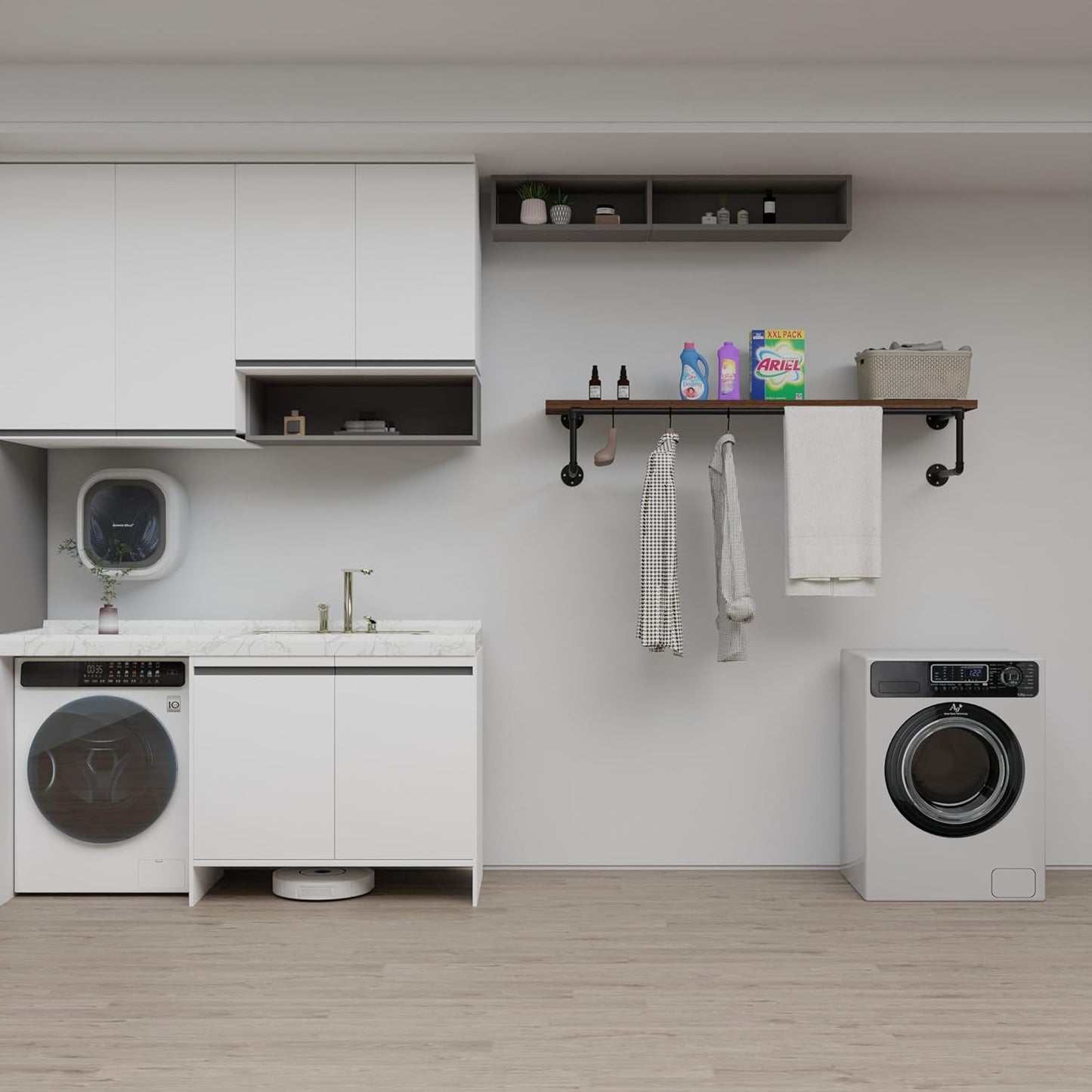 Clothes Rack 48in, Wall Mounted Garment Racks with Real Walnut Wood Shelf, Heavy Duty Hanging Clothes Rack, Multi-Purpose Hanging Rod, Space-Saving Closet Storage