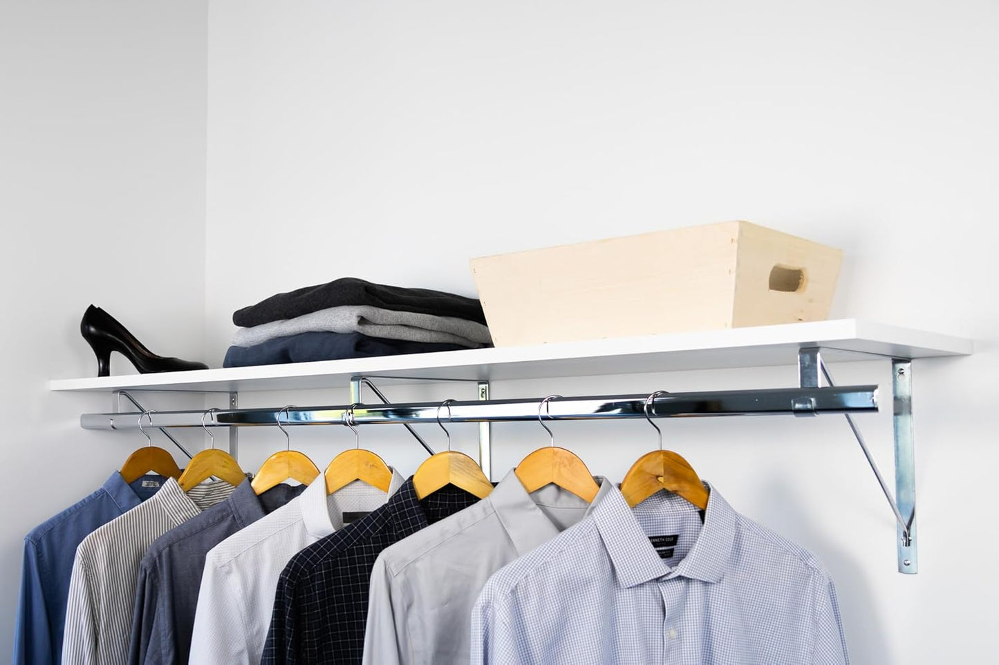 Custom Cut-to-Size Premium Wall-Mounted Shelf with Rod and Bracket Kit. 3/4" Thick Shelves, 14 inches deep. Customize The Length from 16" up to 72".