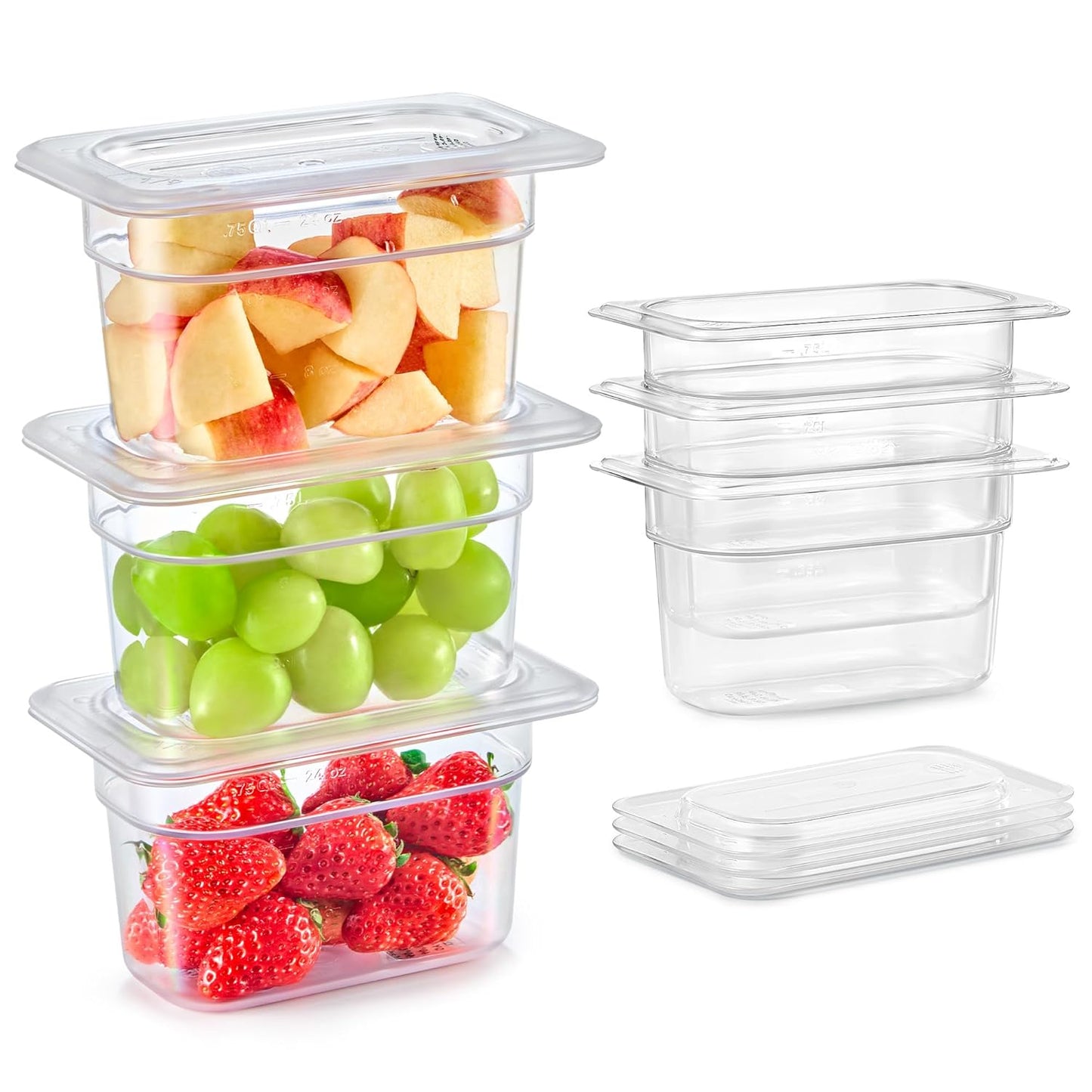 WILPREP 6 Pack Plastic Food Pans with Lids NSF Listed, 1/9 Size 4 in Deep Clear Food Storage Containers, 1.1 qt Stackable Polycarbonate Commercial Hotel for Fruits Vegetables Beans Corns