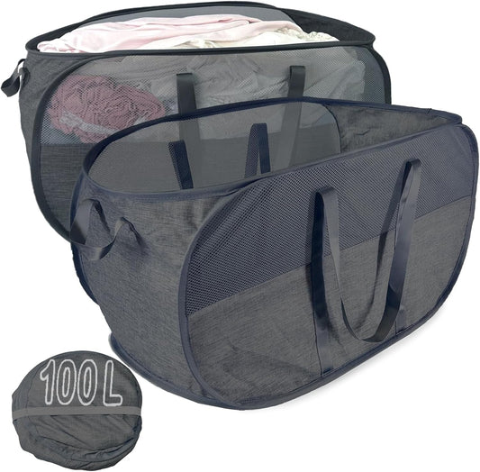 Extra Large Mesh Pop Up Laundry Hamper 2 Pack,100L Collapsible Laundry Baskets, Dirty Clothes Hamper with Reinforced Handles, Folding Hampers for Travel, Nursery, Dorm or Home. Black