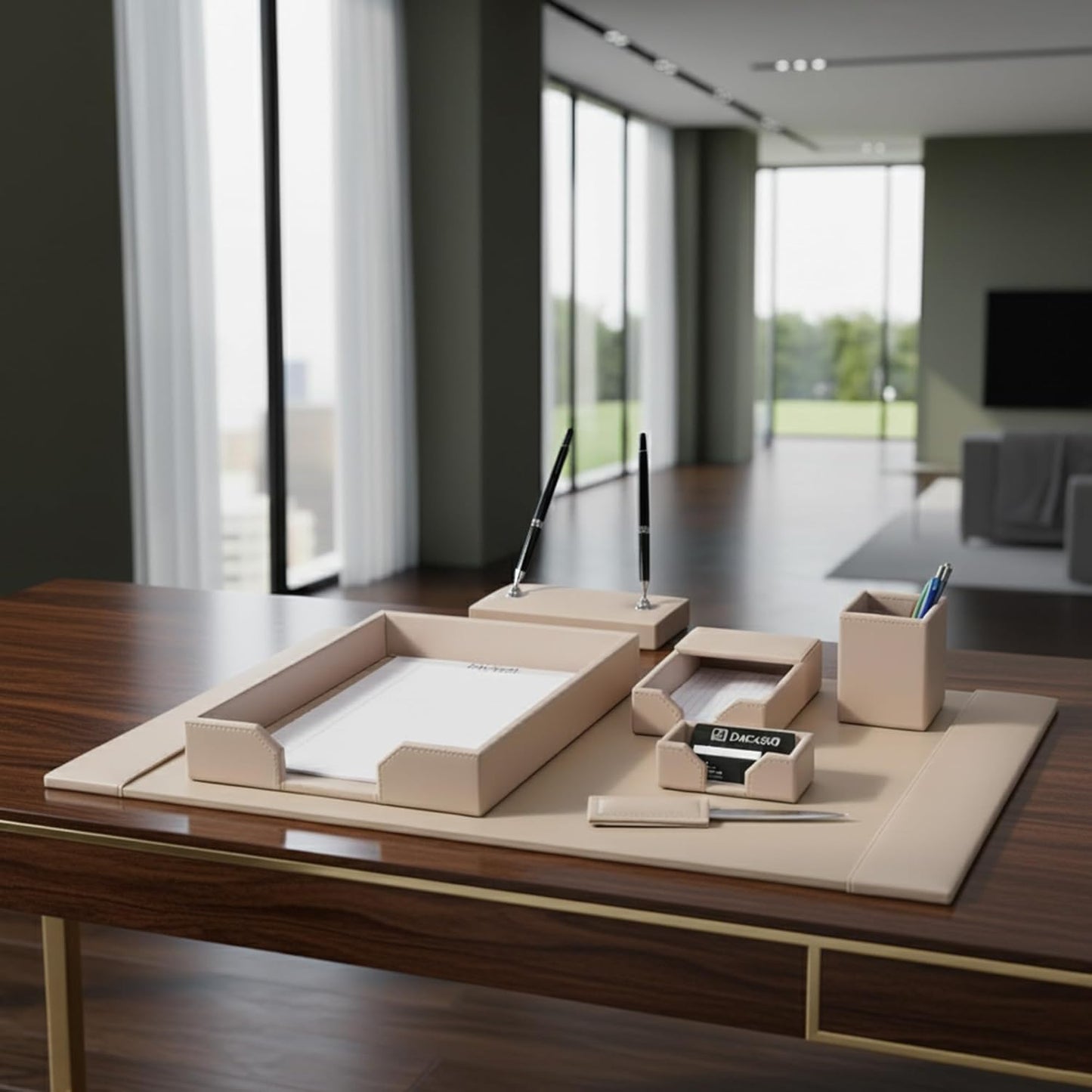 Dacasso Bonded Set Luxury Leather Desk Pad & Desk Organization Essentials, 7 Piece, White Latte