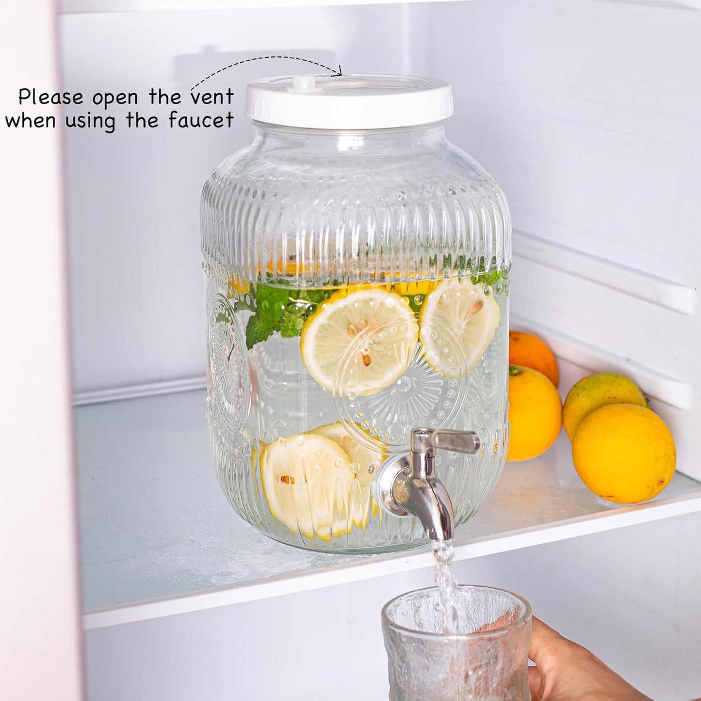 Amzcku 1 Gallon Glass Beverage Dispenser, 18/8 Stainless Steel Spigot and Lid With Ventilation Holes- Glass Drink Dispensers for Parties - Mason Jar Drink Dispensers with Lids