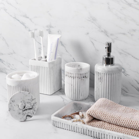Resin White Marble Bathroom Accessories Set 5 Pcs, Lotion Soap Dispenser, Toothbrush Holder, Bathroom Tumbler, Qtip Holder and Vanity Tray, Bathroom Countertop Organizer Set for Home Apartment