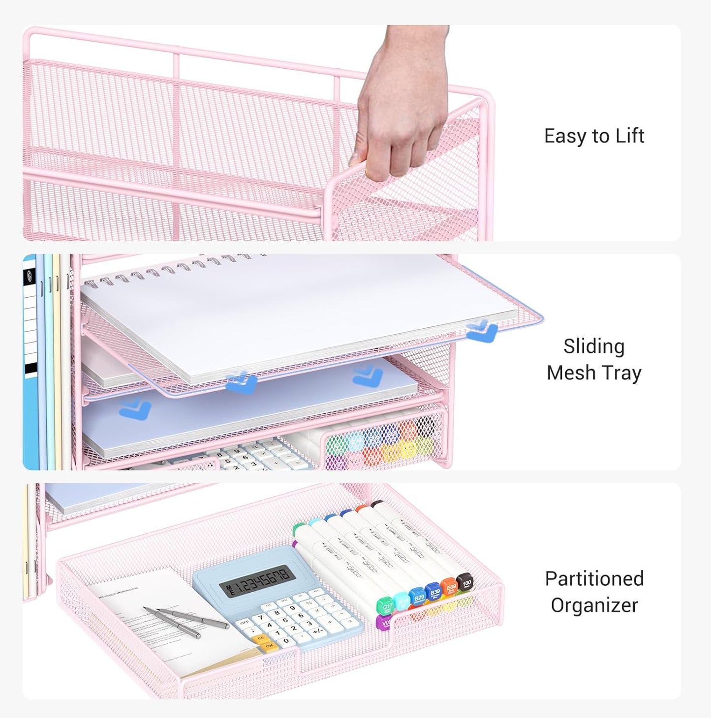 Desk Organizers and Accessories with File Holder, 5-Tier Office Desk Accessories & Workspace Desktop Organizer with Drawer and 2 Pen Holder, File Paper Organizer for Office Supplies(Pink)