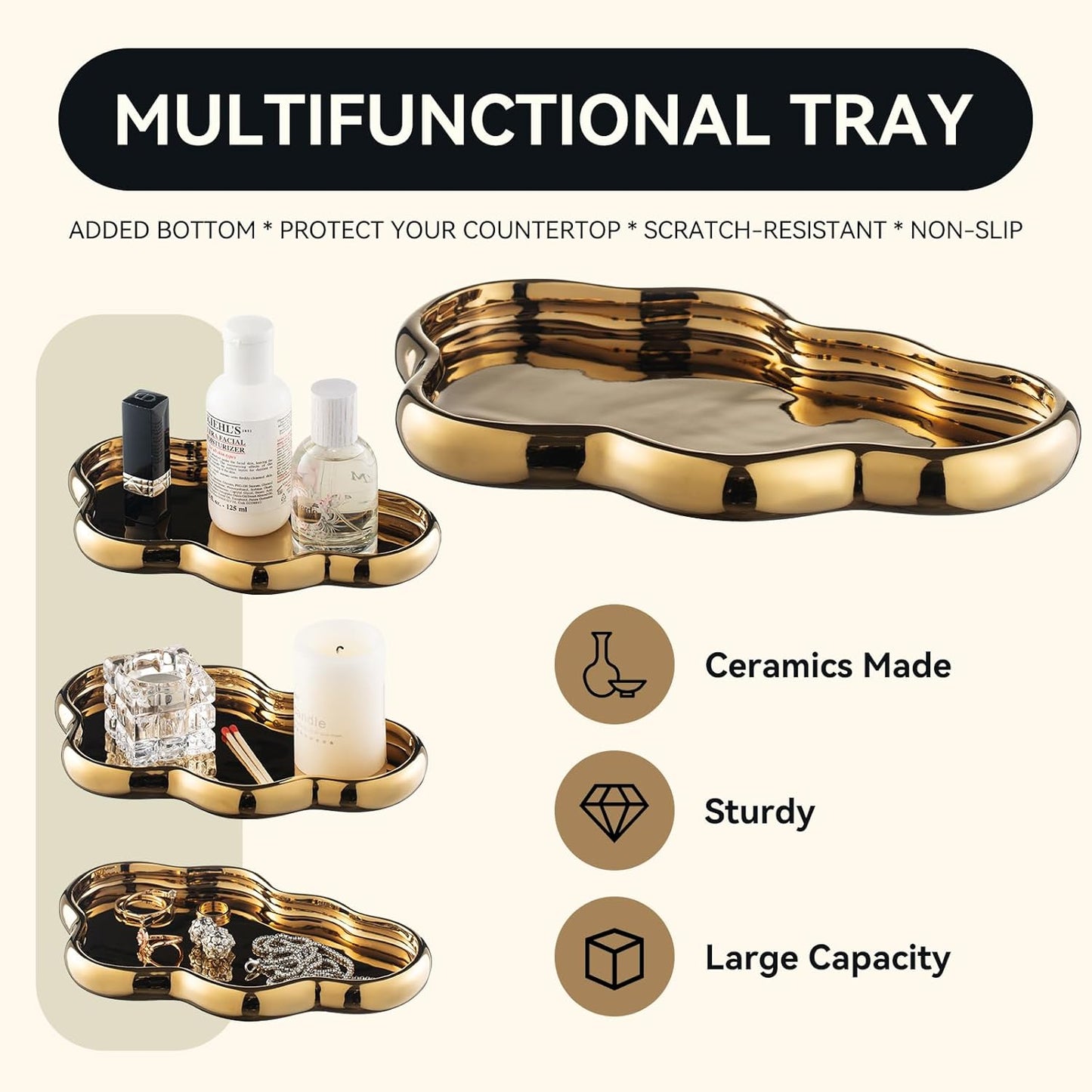 Gold Bathroom Accessory Set, 3-Piece Gold Ceramic Bath Accessories Set with Tray, Lotion Dispenser, and Tumbler for Luxurious Bathroom Decor