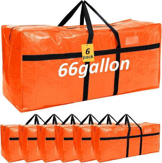 6 Pcs 66 Gallon Large Moving Bags with Zipper and Handles Foldable Storage Duffle Bags Heavy Duty Extra Large Totes for College Dorm Travel Clothes Blankets Bedding Moving (Orange)