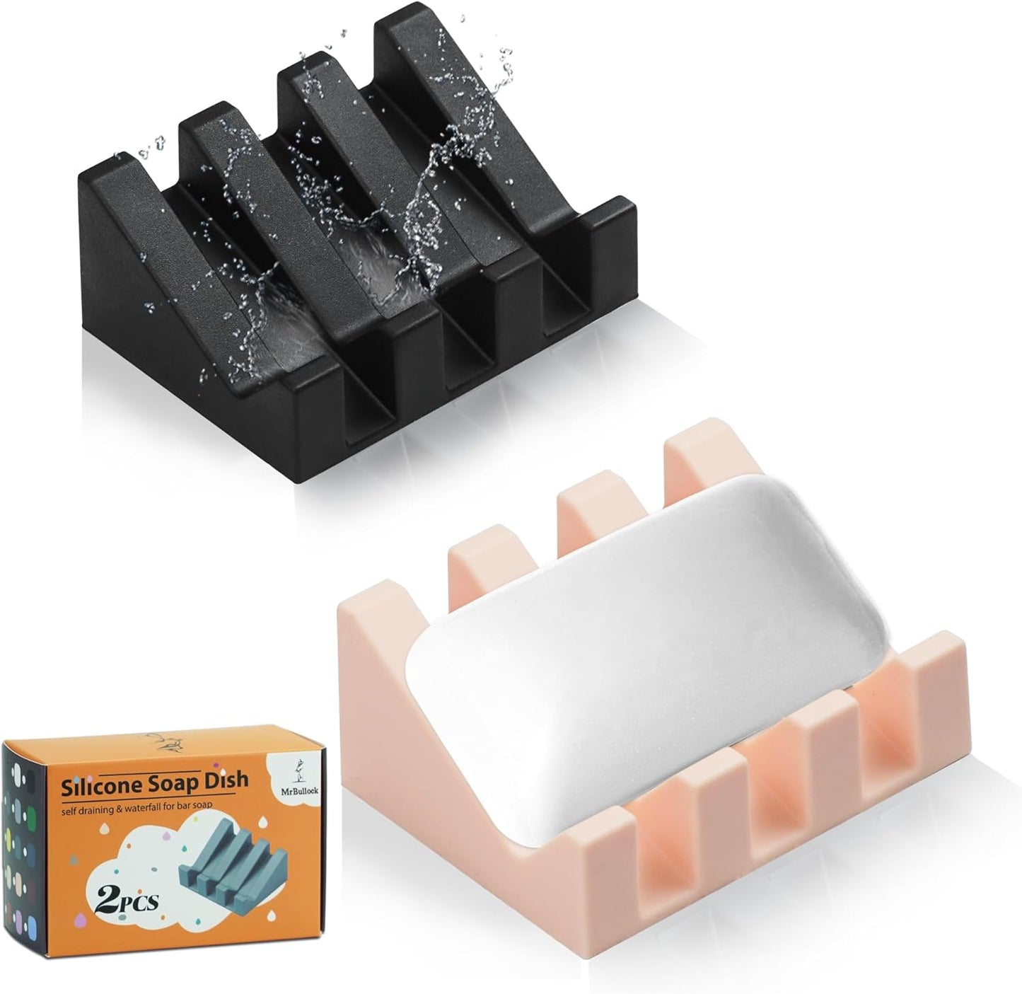 Silicone Soap Dish for Bar Soap Holder for Shower Bathroom Self Draining Waterfall Drying Tray Keep Soap Bars Dry Clean & Easy Cleaning (Black/Pink, 2)